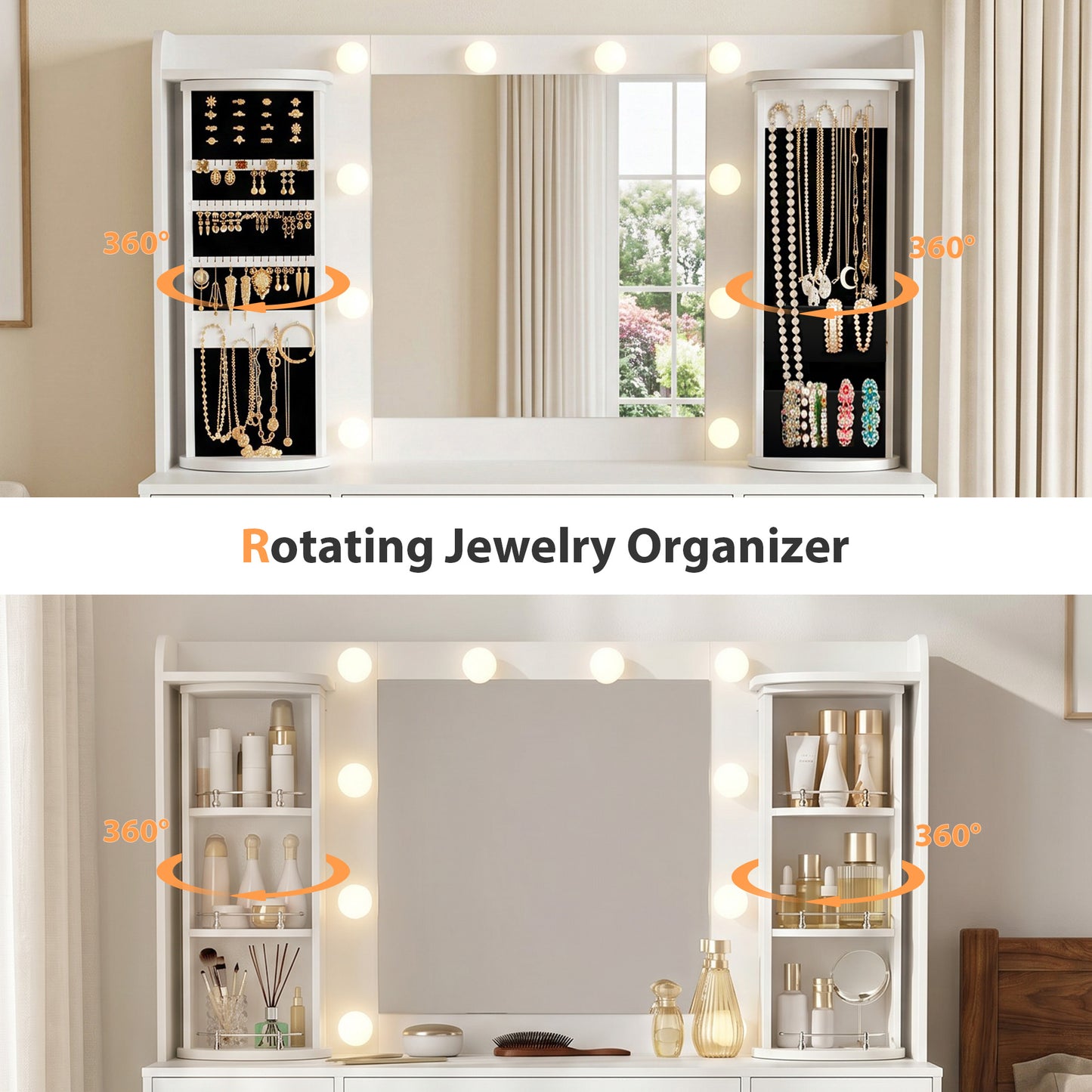 Amlancher Makeup Vanity Desk with Lighted Mirror and Rotating Jewelry Organizer, Bedroom Dressing Table with Charging Station