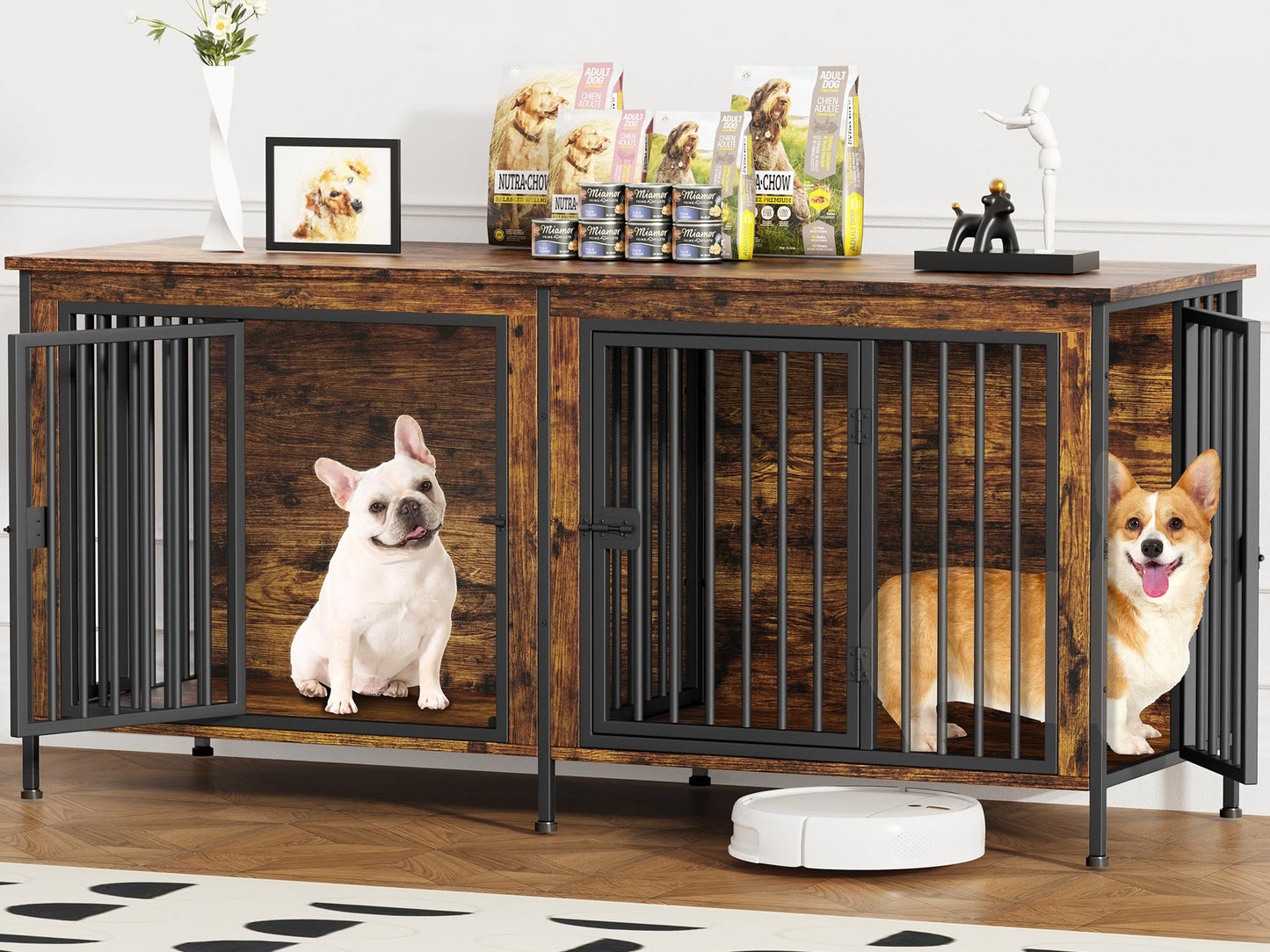 POAO 63" L Dog Crate Furniture for 2 Dogs,Heavy Duty Double Dog Crates for Small Dogs(20-35 Pounds),Dog Kennel Furniture Indoor as TV Stand,Gray