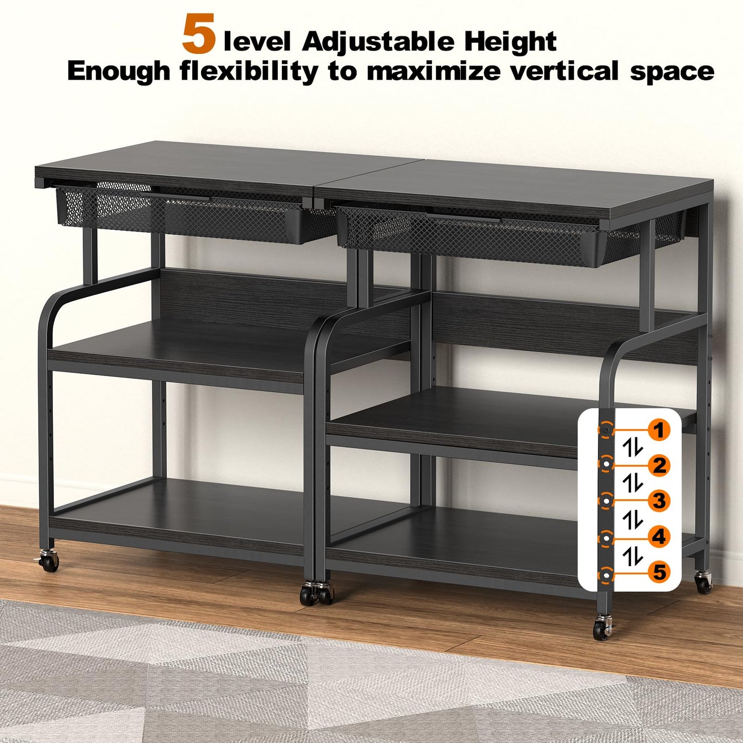 POAO Large Printer Stand with Drawer, 5-Adjustable Heights 3 Tier Table with Wheels, Rolling Printer Cart with Storage for Home Office