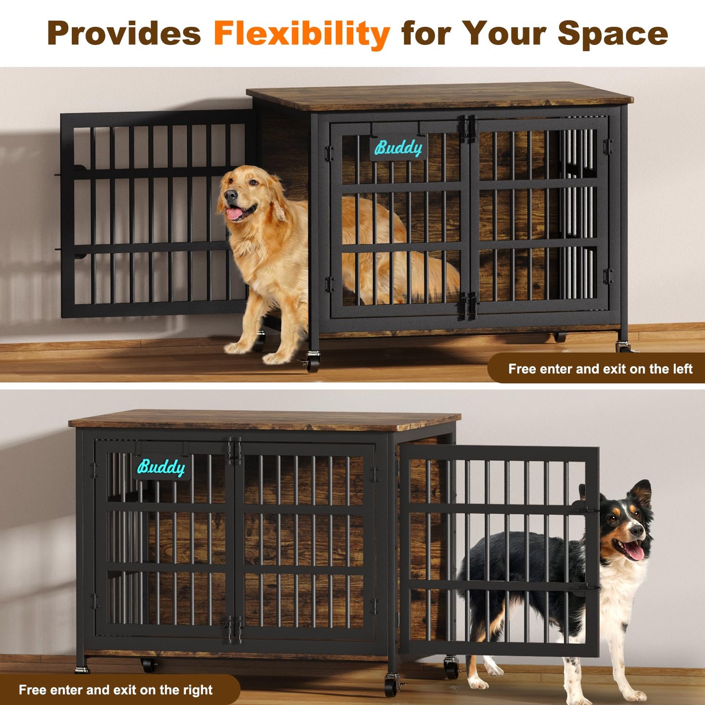 POAO 41"Heavy Duty Dog Crate Furniture with Name Tag,Chew Proof Prevent Escape for High Anxiety Dogs, Indoor Indestructible Dog Kennel ,Brown