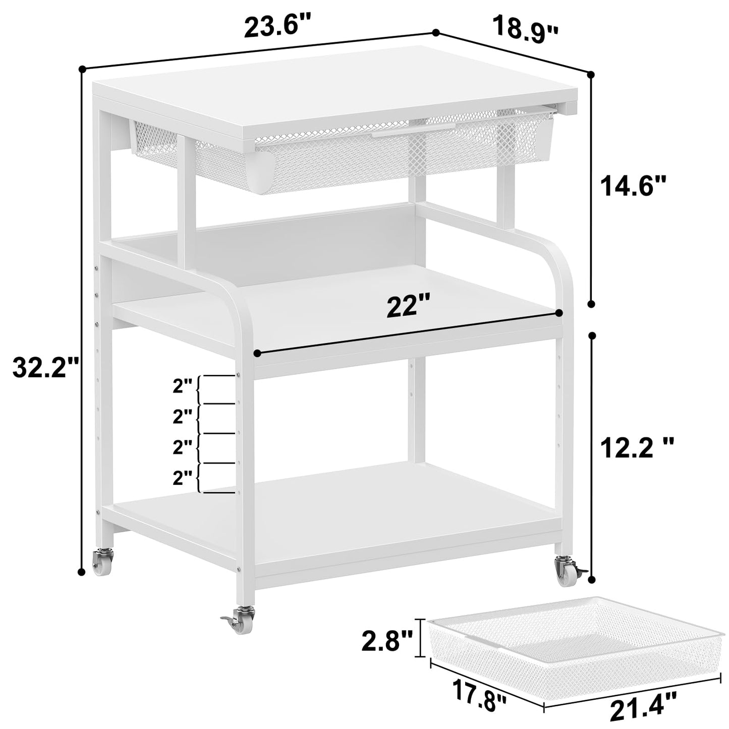 EasyCom Printer Stand with Storage 3-Tier Printer Table for Home Office and Living Room,23.6''x18.9'',White