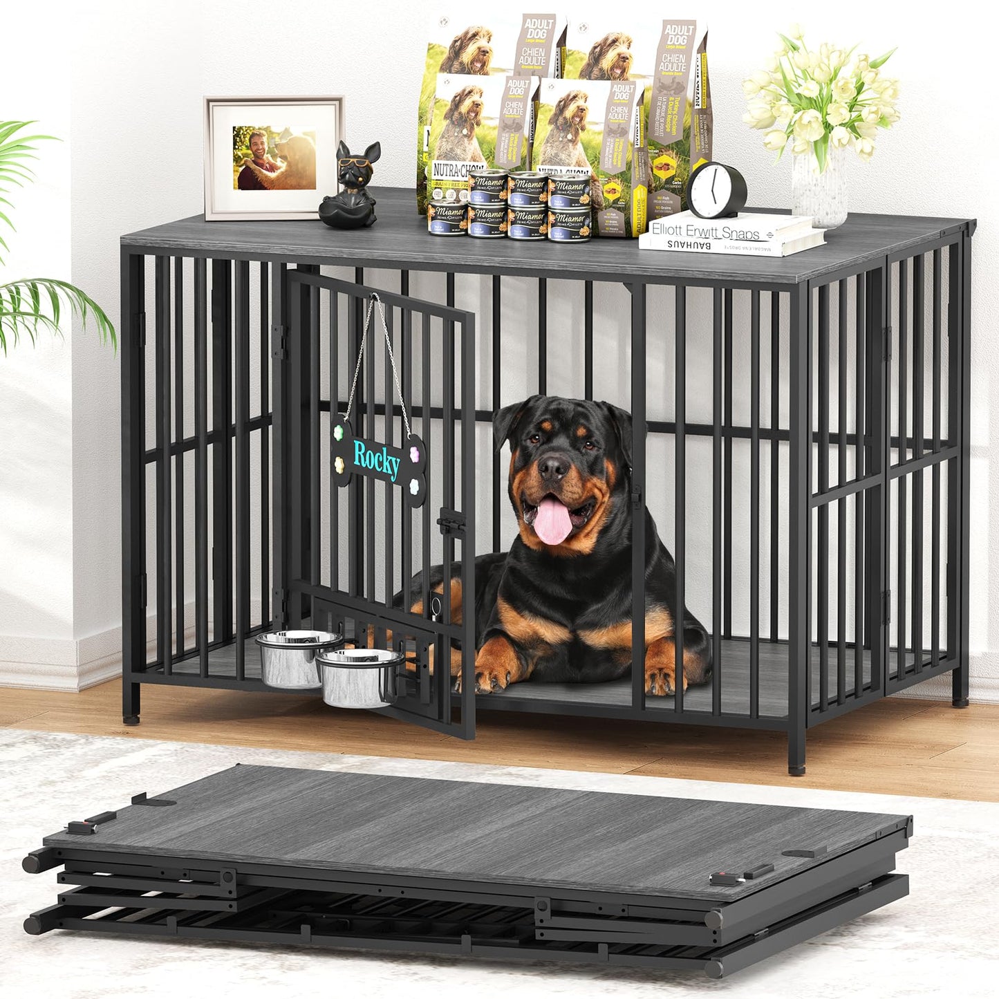 POAO 43" Dog Crate Furniture Foldable for Large Dogs (60-80 lbs), No Assembly Dog Kennel Indoor,Wooden Dog Cage with Adjustable Bowls &Name Tag