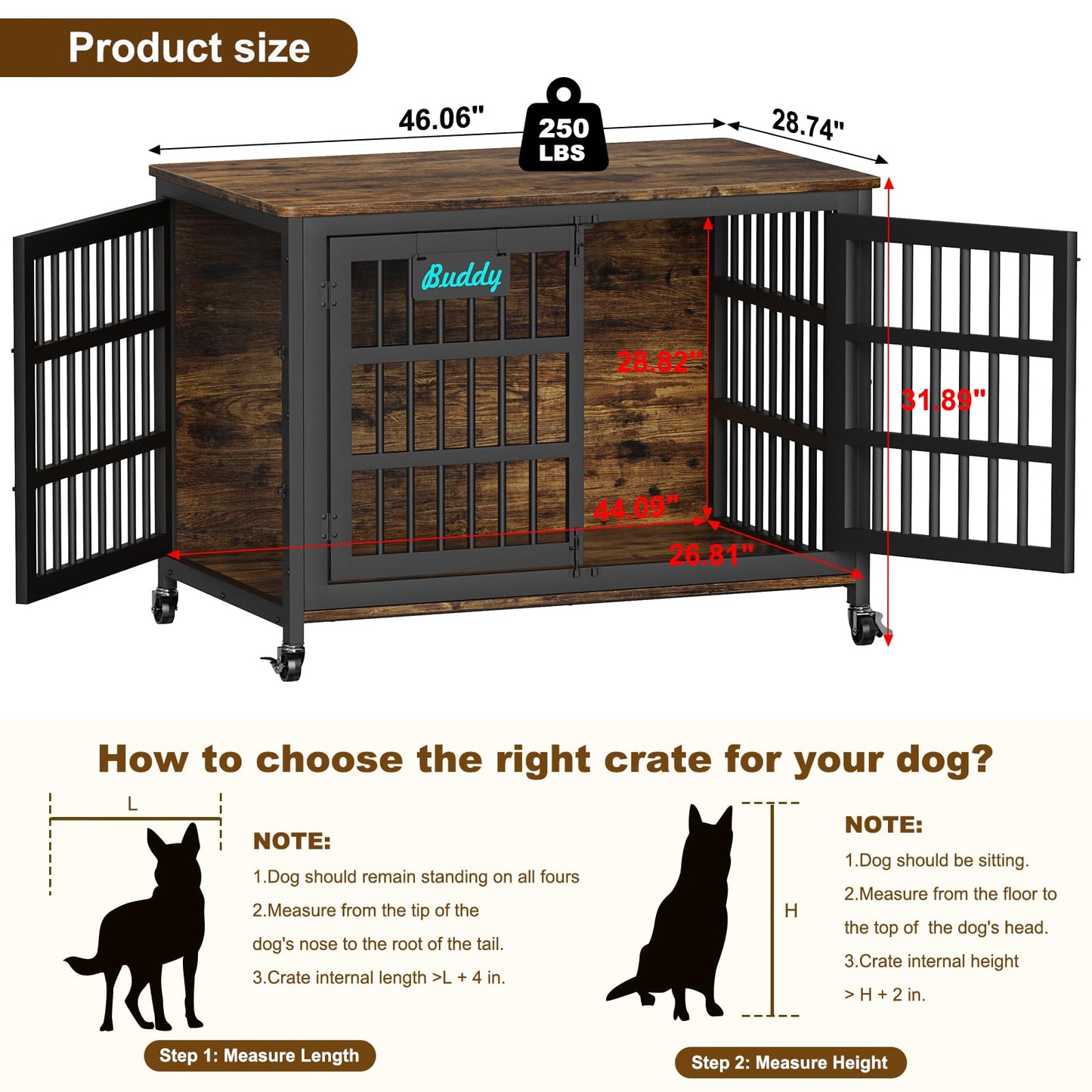 POAO 46.06"L Wooden Dog Crate Furniture,Double Doors Kennel Indoor with Name Tag,Sturdy Metal Dog Cage for Anxiety Dog for Decoration,Brown