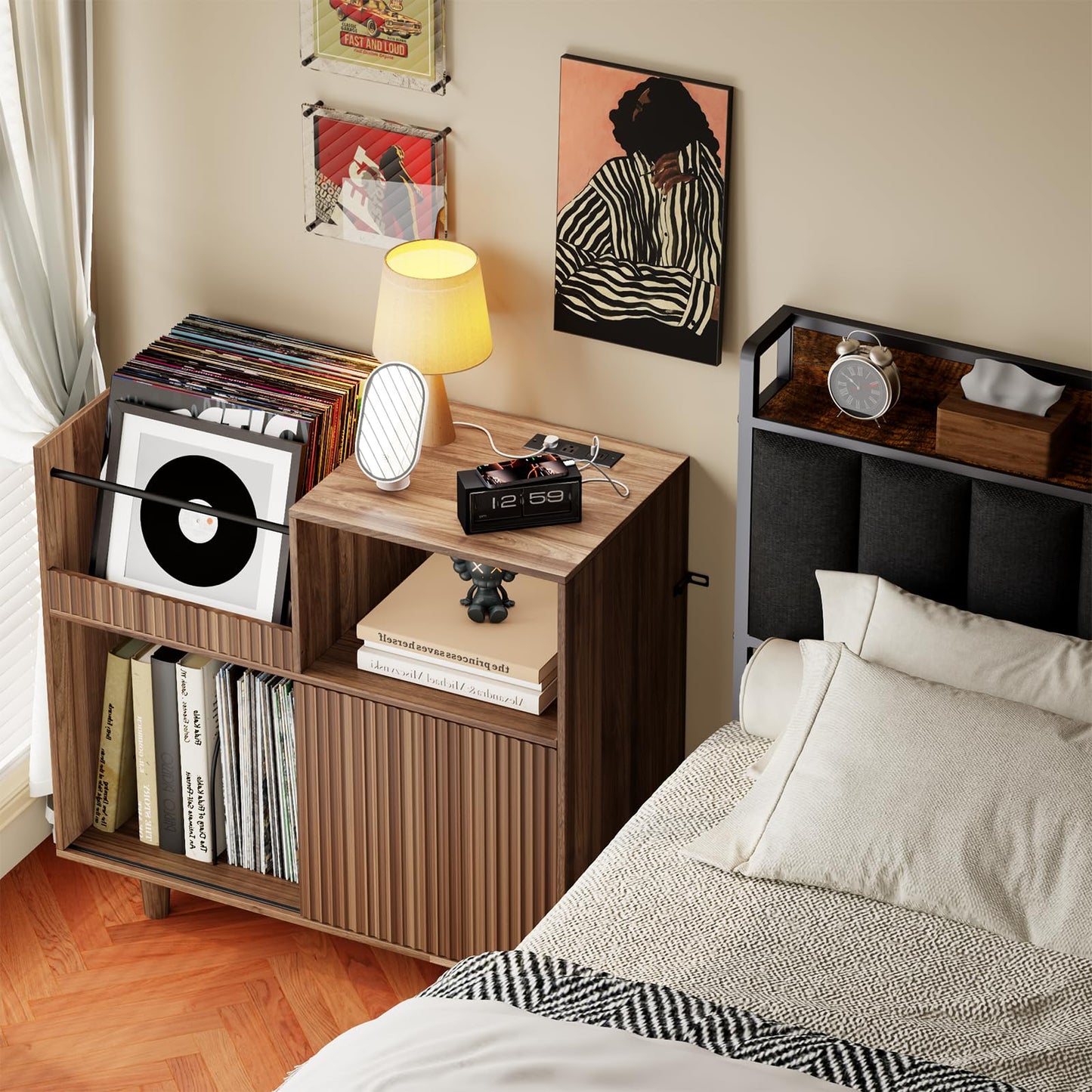 POAO 31"Record Player Stand with Power Outlets & LED Lights, Record Player Table Cabinet with Vinyl Record Storage Holds up to 300 Albums, Turntable Stand for Living Room, Bedroom
