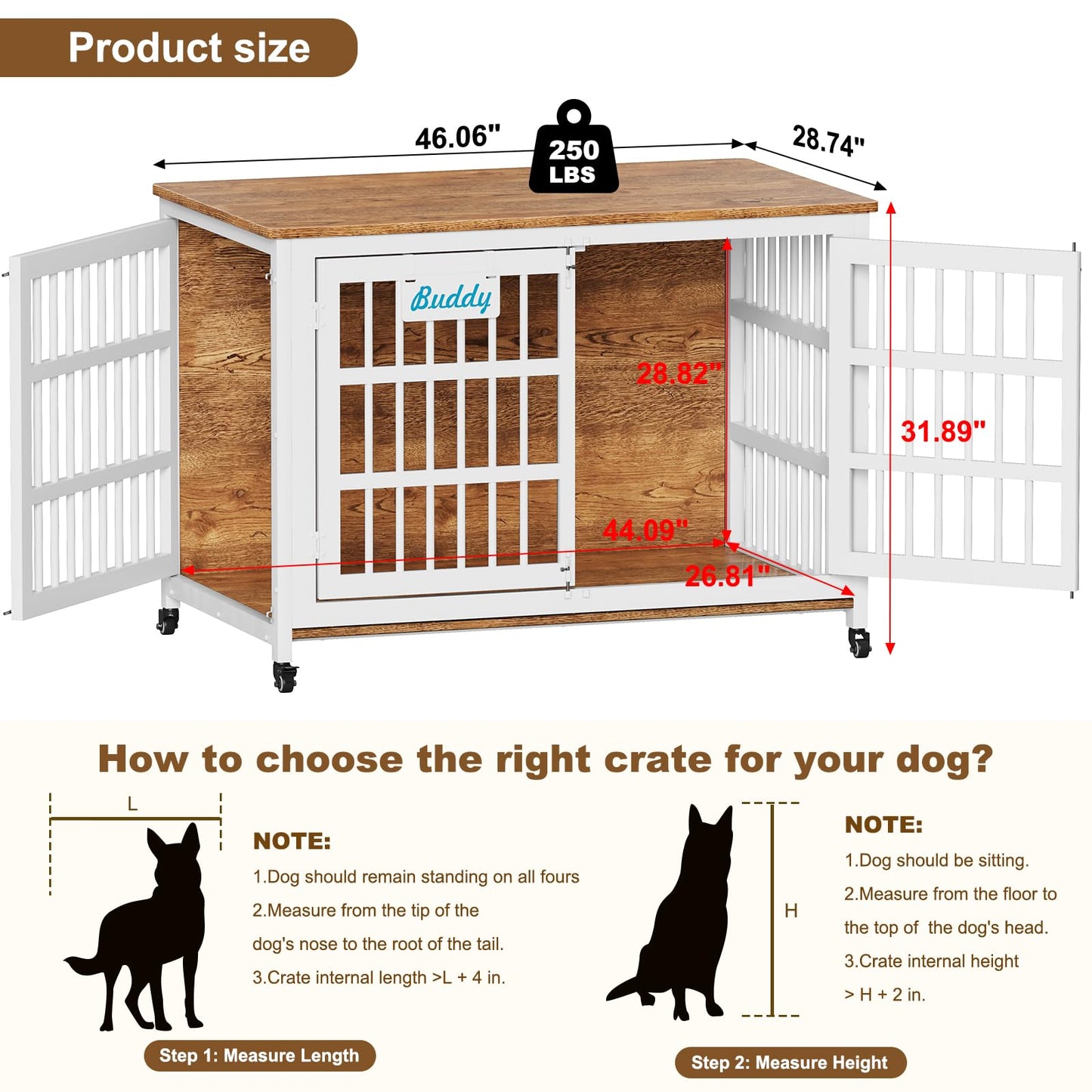 POAO 48"XXL Heavy Duty Dog Crate Furniture with Casters, Dog Kennel Indoor for Large Dogs, Escape-Proof and Chew-Proof Dog Cage for high Anxiety Dog