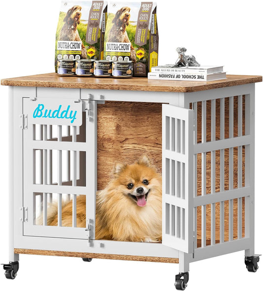 POAO 27"Heavy Duty Dog Crate Furniture with Name Tag, Dog Kennel Indoor for Small Dogs, Double-Doors Sturdy Metal Dog Cage for Anxiety Dog