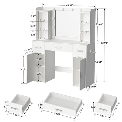 Amlancher Makeup Vanity Desk with Lighted Mirror and Rotating Jewelry Organizer, Bedroom Dressing Table with Charging Station