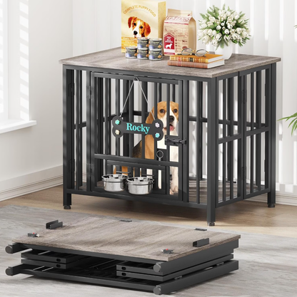 POAO 31"Dog Crate Furniture Foldable, No Assembly Dog Kennel Indoor for Medium Dogs(20-35 lb), Dog Cage with Adjustable Bowls &Name Tag, End Table