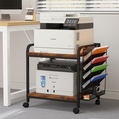 POAO Large Printer Stand with File Holder Organizer,Adjustable Height Shelf with Wheels,Rolling Printer Cart with Storage for Home Office,Rustic Brown