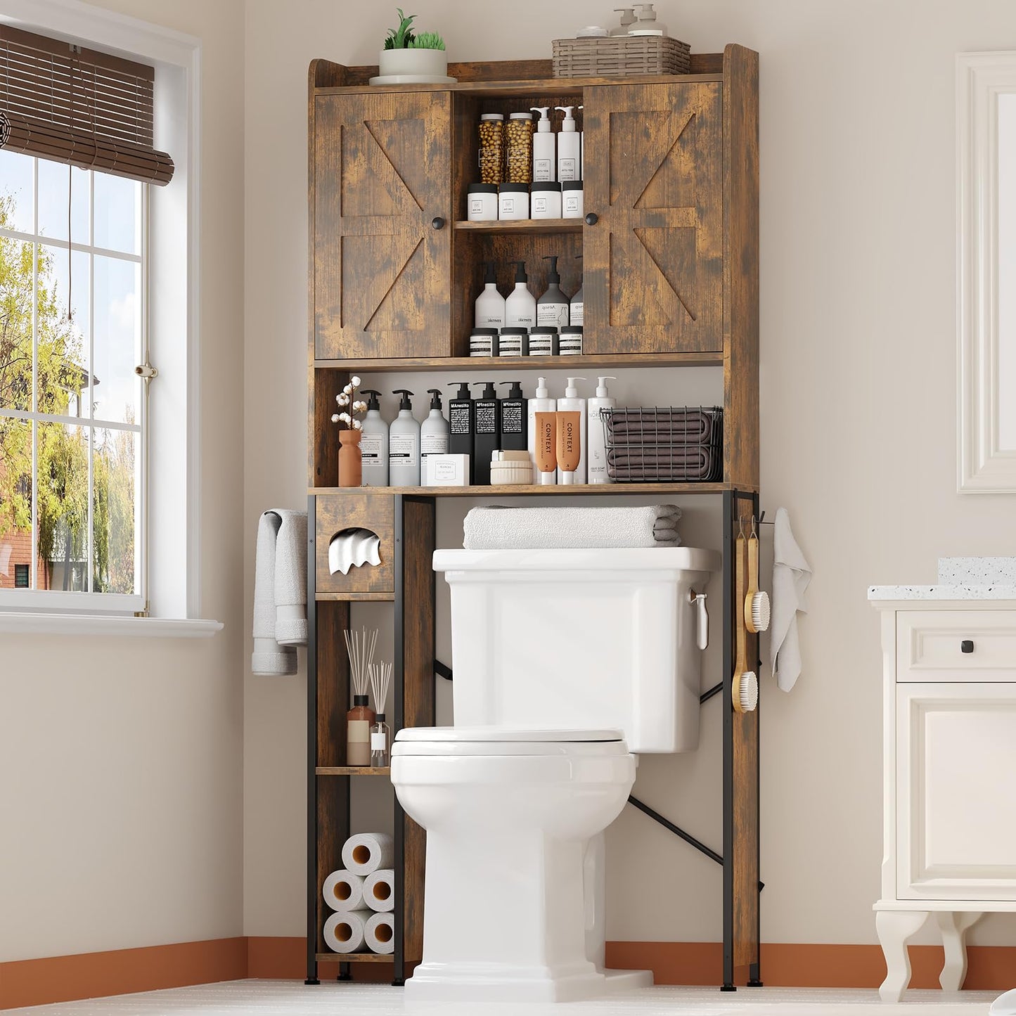 POAO 32"W Over the Toilet Storage Cabinet with Metal Frame and 7 Storage Shelves, Bathroom Organizer with Adjustable Shelves and Paper Holder, White