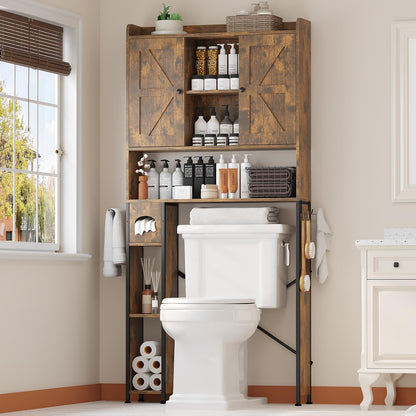 POAO 32"W Over the Toilet Storage Cabinet with Metal Frame and 7 Storage Shelves, Bathroom Organizer with Adjustable Shelves and Paper Holder, White