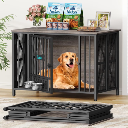 POAO 41" Foldable Dog Crate Furniture, Assembly-Free Dog Crates for Large Dogs,Dog Kennel Indoor with Tag & Adjustable Dog Bowls,Oak Grey