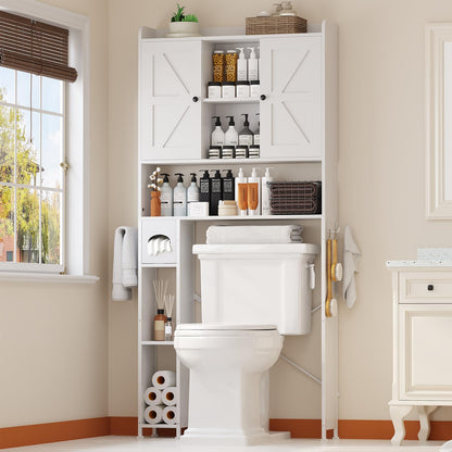 POAO 32"W Over the Toilet Storage Cabinet with Metal Frame and 7 Storage Shelves, Bathroom Organizer with Adjustable Shelves and Paper Holder, White