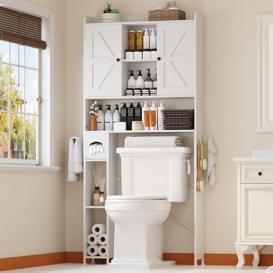 POAO 32"W Over the Toilet Storage Cabinet with Metal Frame and 7 Storage Shelves, Bathroom Organizer with Adjustable Shelves and Paper Holder, White