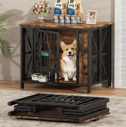 POAO 31.5" Assembly-Free Dog Crate Furniture for Small Dog, Foldable Dog Kennel Indoor with Tag & Adjustable Bowls, Dog Cage Use as End Table, Brown