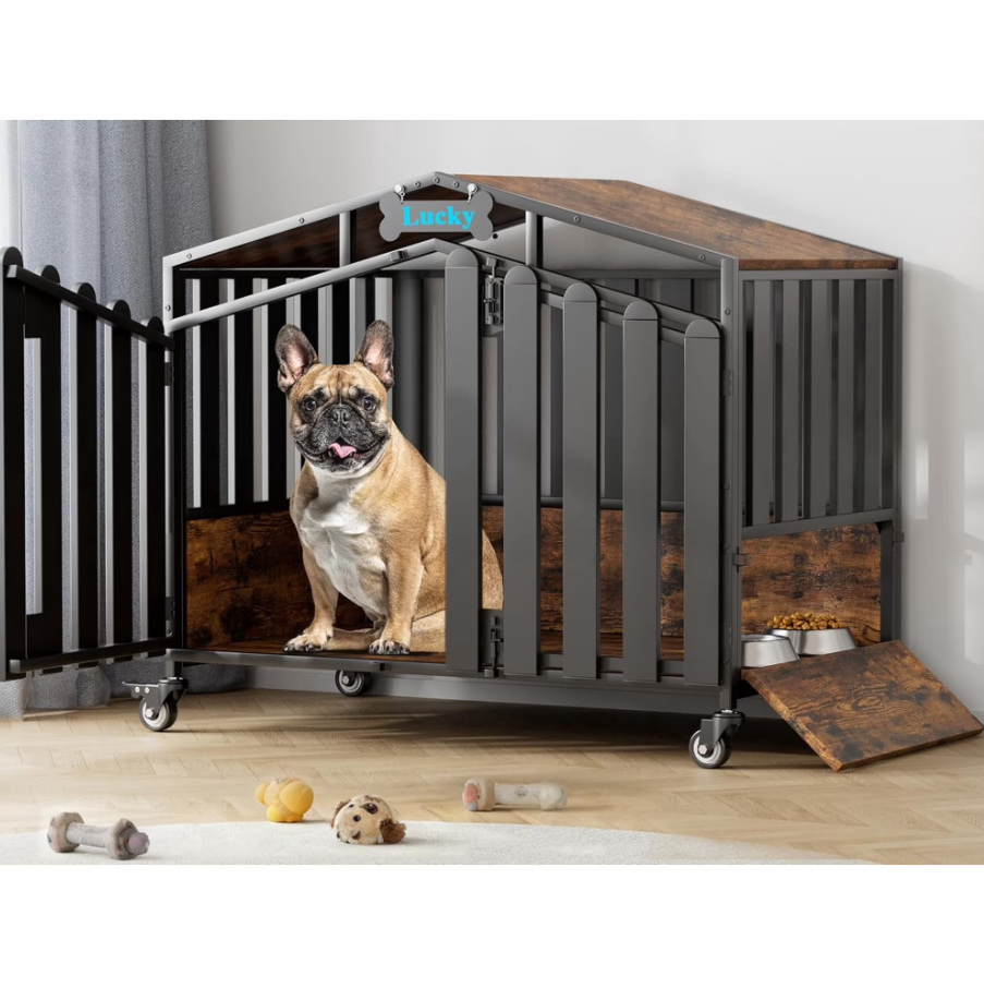 POAO 31"Heavy Duty Dog Crate Furniture with 360°Wheels,Dog Kennel Indoor for Small Dogs,Wooden Dog Cage with Feeding Window &Name Tag,Brown