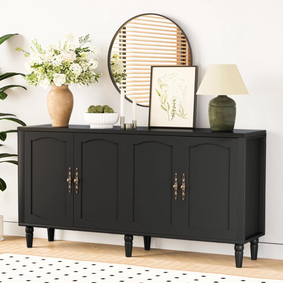 POAO 63" Sideboard Buffet Cabinet with Storage, Adjustable Shelf & 4 Doors Credenza,Mid Century Modern Sideboard for Dining Room Living Room Black