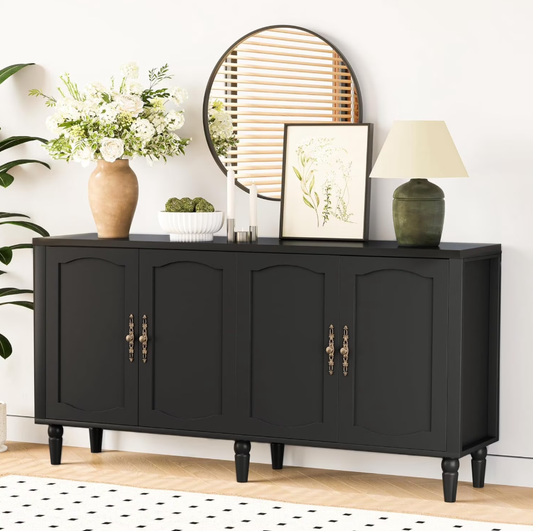 POAO 63" Sideboard Buffet Cabinet with Storage, Adjustable Shelf & 4 Doors Credenza,Mid Century Modern Sideboard for Dining Room Living Room Black