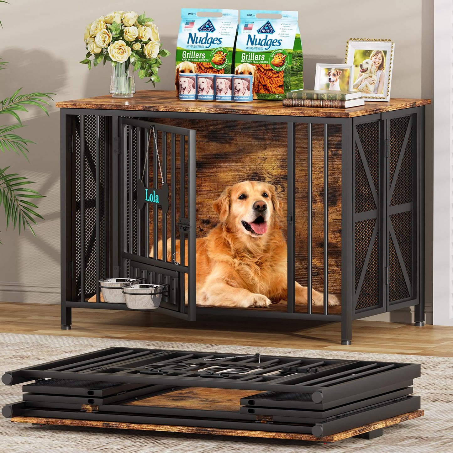 POAO Foldable Large Dog Crate Furniture, 41.3"Assembly-Free Dog Crates for Large Dogs, Wooden Dog Kennel Indoor with Tag & Dog Bowls, Rustic Brown
