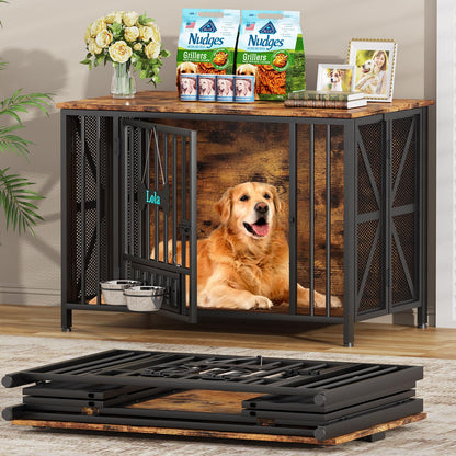 POAO Foldable Large Dog Crate Furniture, 41.3"Assembly-Free Dog Crates for Large Dogs, Wooden Dog Kennel Indoor with Tag & Dog Bowls, Rustic Brown