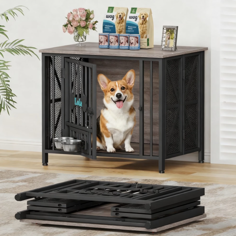 POAO 31.5"Assembly-Free Dog Crate Furniture for Small Dog, Foldable Dog Kennel Indoor with Tag &Adjustable Dog Bowls, Wooden Dog Cage,End Table