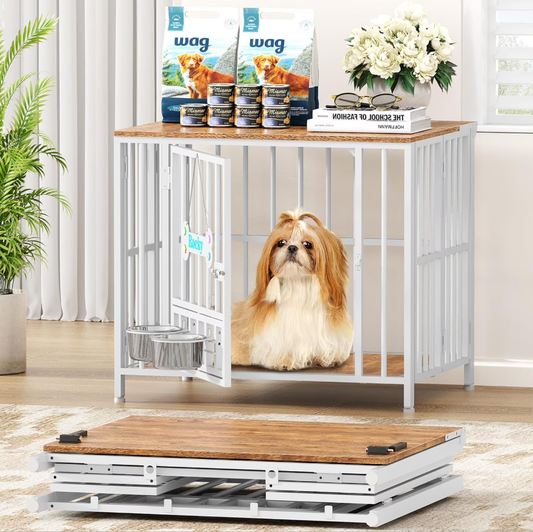 POAO 27"Dog Crate Furniture Foldable, No Assembly Dog Kennel Indoor for Small Dog(Under 20 lb), Dog Cage with Adjustable Bowls &Name Tag, End Table