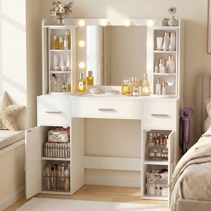 Amlancher Makeup Vanity Desk with Lighted Mirror and Rotating Jewelry Organizer, Bedroom Dressing Table with Charging Station