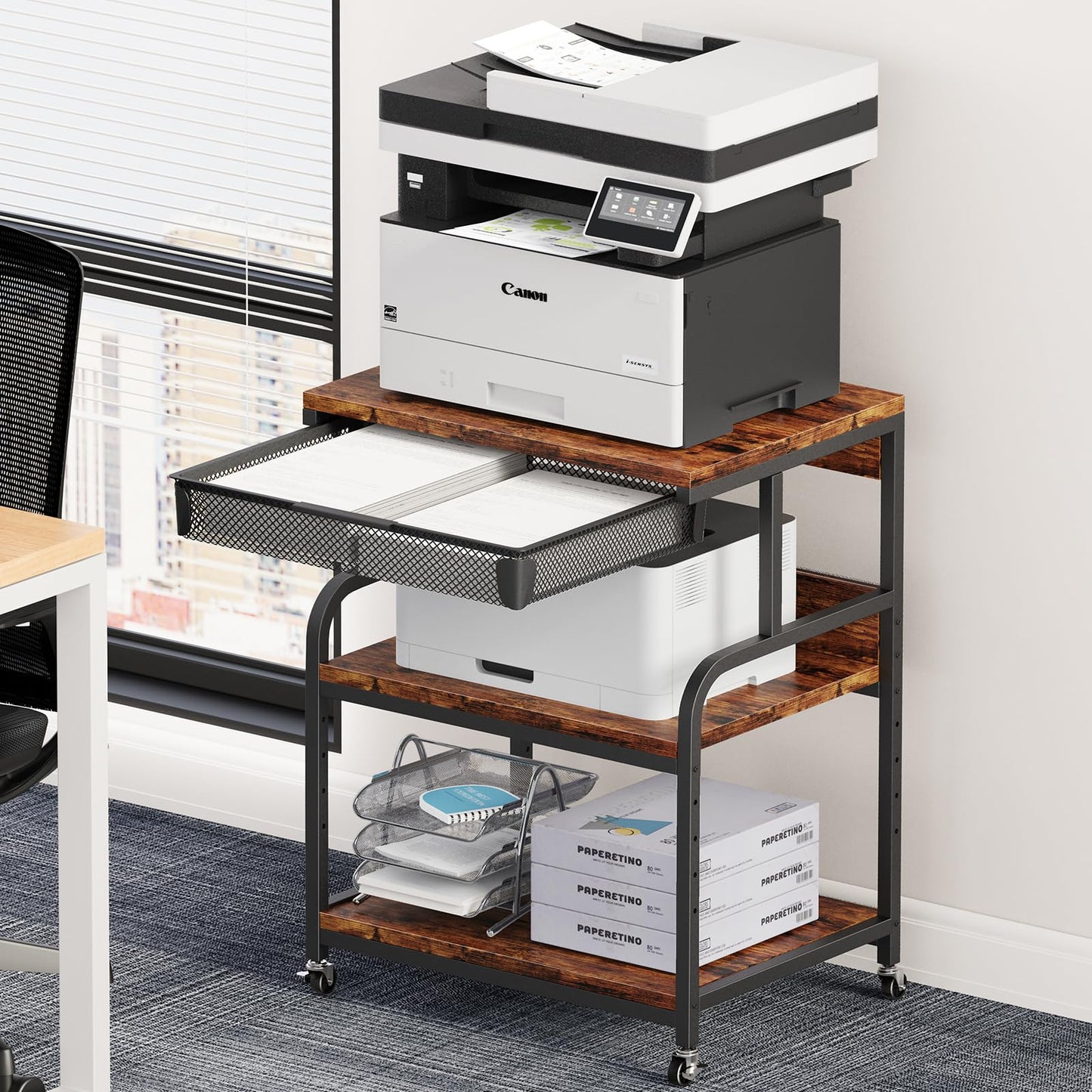 POAO Extra Large Printer Stand with Drawer, 5-Adjustable Heights 3 Tier Printer Table with Wheels, Rolling Printer Cart with Storage Shelf