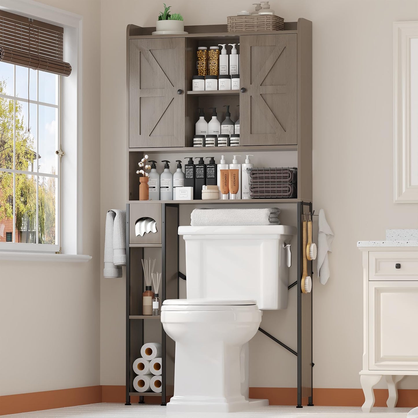 POAO 32"W Over the Toilet Storage Cabinet with Metal Frame and 7 Storage Shelves, Bathroom Organizer with Adjustable Shelves and Paper Holder, White