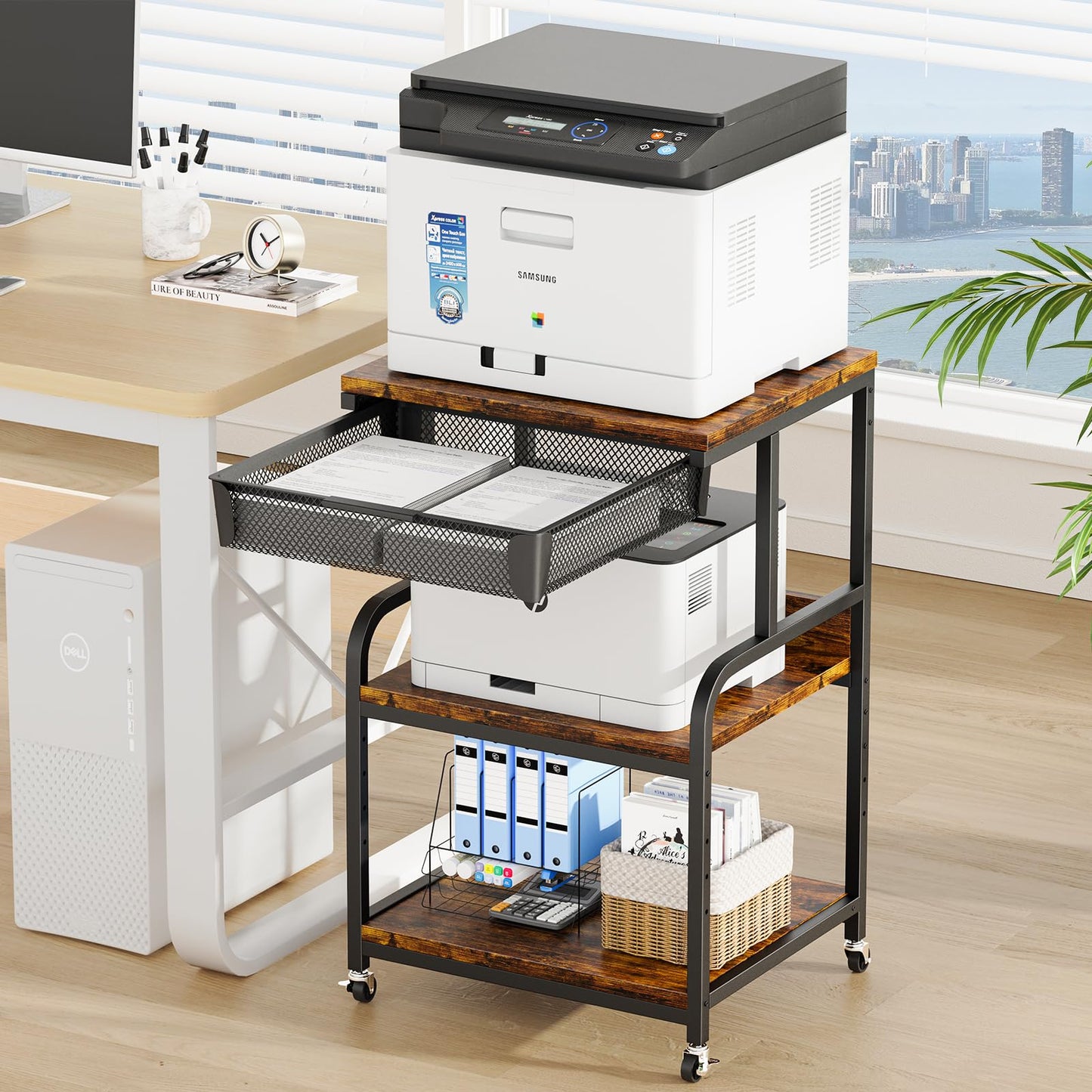 POAO Large Printer Stand with Storage Drawer,3-Tier Rolling Cart with Industrial Wheels for Desk,5 Adjustable Shelf Mobile Printer Table for Office