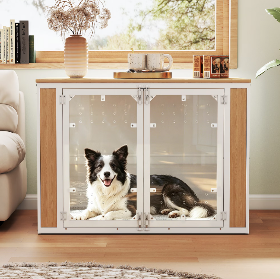POAO 41''Dog Crate Furniture for Medium Large Dogs(40-70 lb), Decorative Dog Kennel with Acrylic Window Washable Mat, Escape-Proof Chew-Proof Anxiety Relief Dog Cage