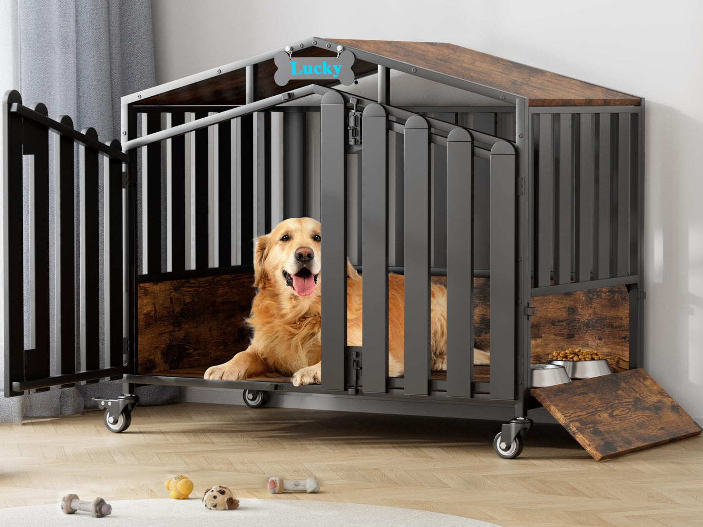POAO 41"Heavy Duty Dog Crate Furniture for Medium Dogs(35-60lb), Dogs Kennel Indoor with 360° Wheels,Dog Cage with Feeding Window and Name Tag