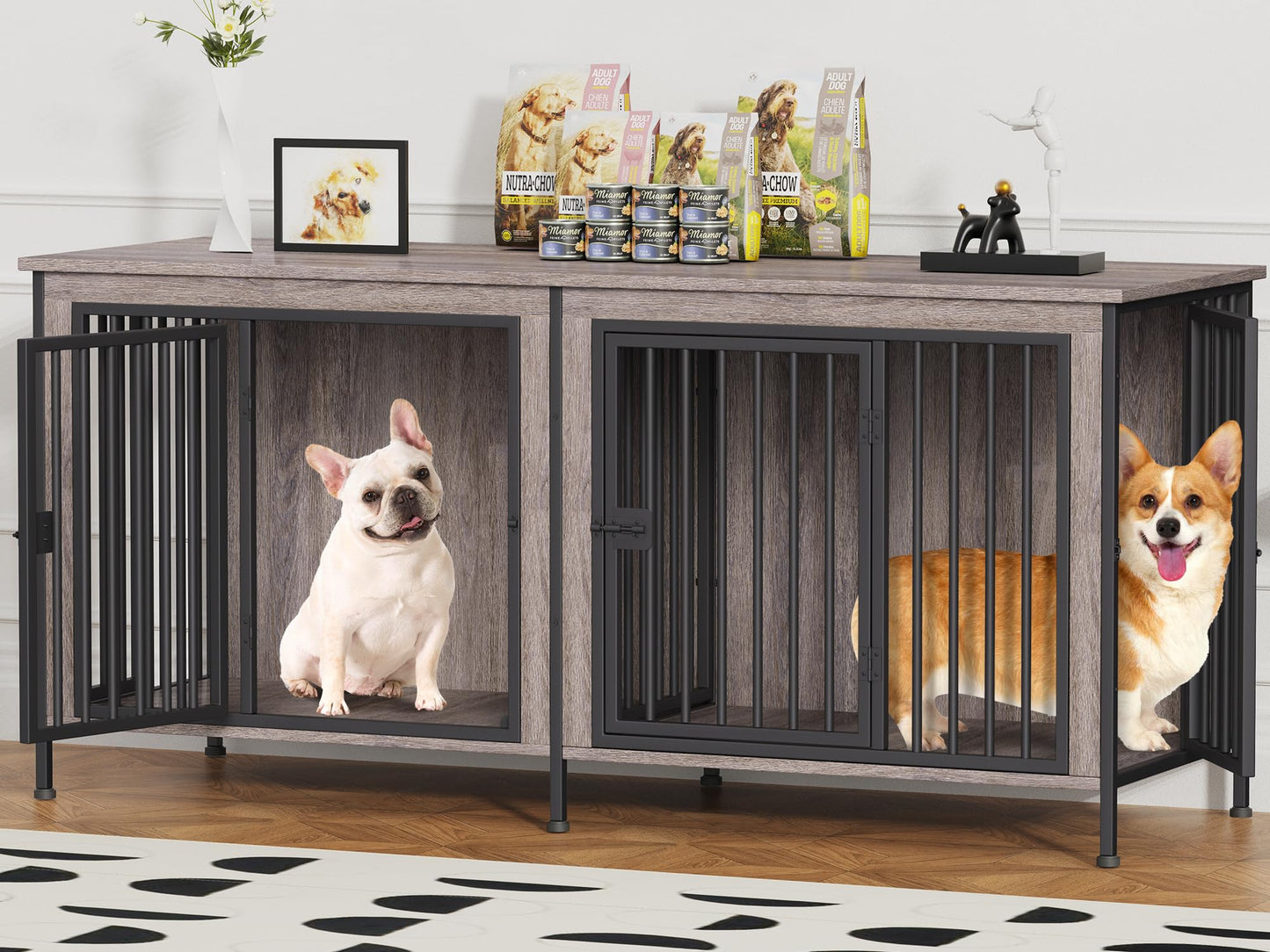 POAO 63" L Dog Crate Furniture for 2 Dogs,Heavy Duty Double Dog Crates for Small Dogs(20-35 Pounds),Dog Kennel Furniture Indoor as TV Stand,Gray