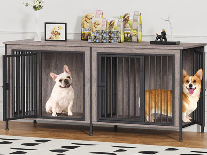 POAO 63" L Dog Crate Furniture for 2 Dogs,Heavy Duty Double Dog Crates for Small Dogs(20-35 Pounds),Dog Kennel Furniture Indoor as TV Stand,Gray