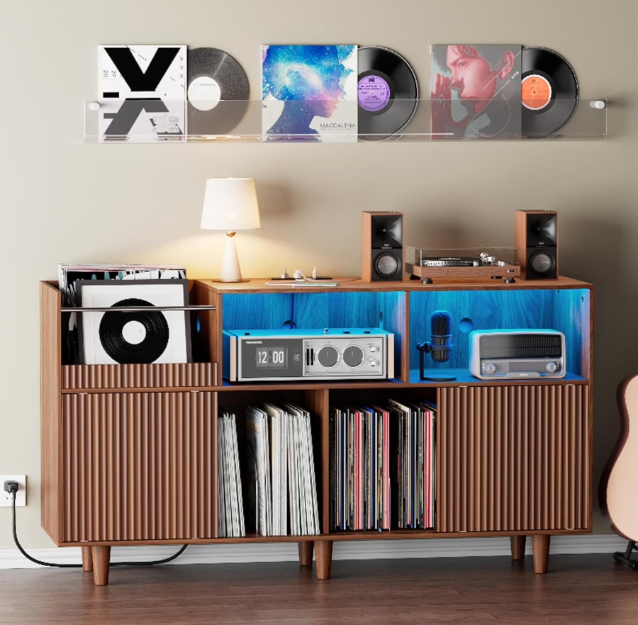 POAO 55" Record Player Stand with Power Outlets & LED Lights, Record Player Table Cabinet with Vinyl Record Storage for 500 Albums, Turntable Stand