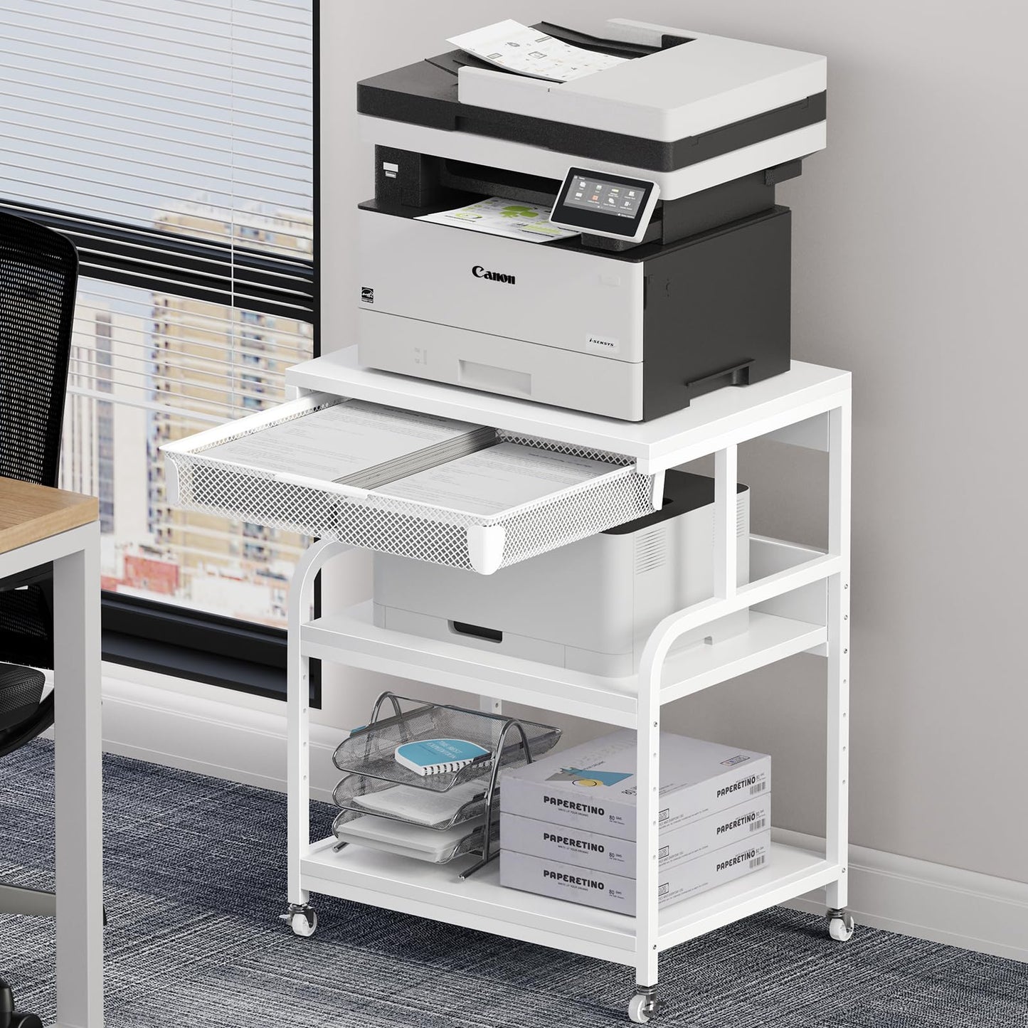 POAO Large 3-Tier Rolling Printer Stand with Storage Drawer,5 Adjustable Shelves Mobile Cart with Industrial Wheels for Home Office Desk,White