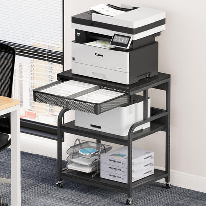 POAO Large Printer Stand with Drawer, 5-Adjustable Heights 3 Tier Table with Wheels, Rolling Printer Cart with Storage for Home Office