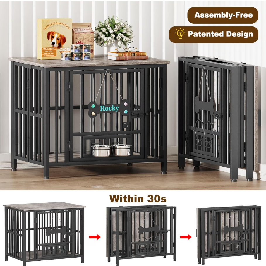 POAO 31"Dog Crate Furniture Foldable, No Assembly Dog Kennel Indoor for Medium Dogs(20-35 lb), Dog Cage with Adjustable Bowls &Name Tag, End Table