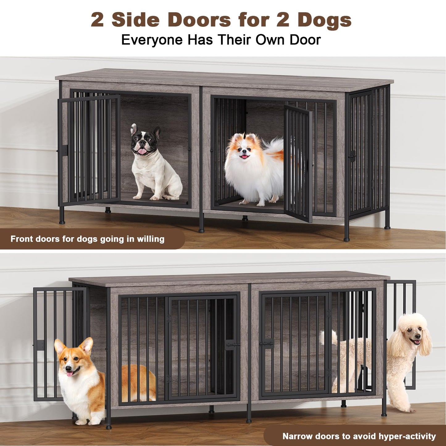POAO 63" L Dog Crate Furniture for 2 Dogs,Heavy Duty Double Dog Crates for Small Dogs(20-35 Pounds),Dog Kennel Furniture Indoor as TV Stand,Gray