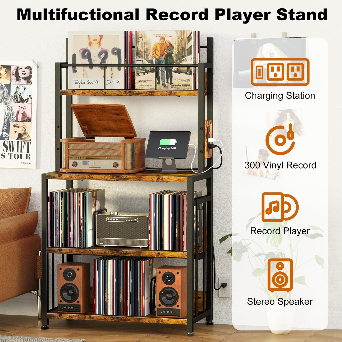 POAO Vinyl Record Stand Holds 300 Records,Record Player Stand with Vinyl Storage,Large Record Player Table with Power Outlet,Brown