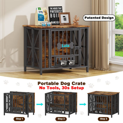 POAO 31.5" Assembly-Free Dog Crate Furniture for Small Dog, Foldable Dog Kennel Indoor with Tag & Adjustable Bowls, Dog Cage Use as End Table, Brown