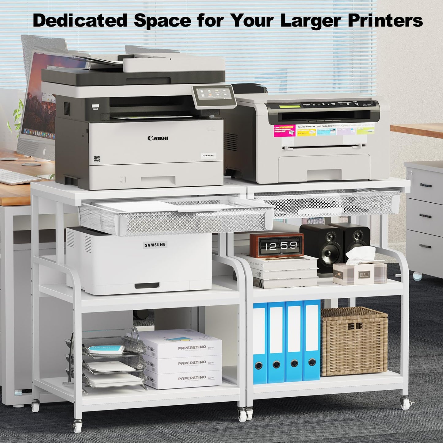 POAO Large 3-Tier Rolling Printer Stand with Storage Drawer,5 Adjustable Shelves Mobile Cart with Industrial Wheels for Home Office Desk,White
