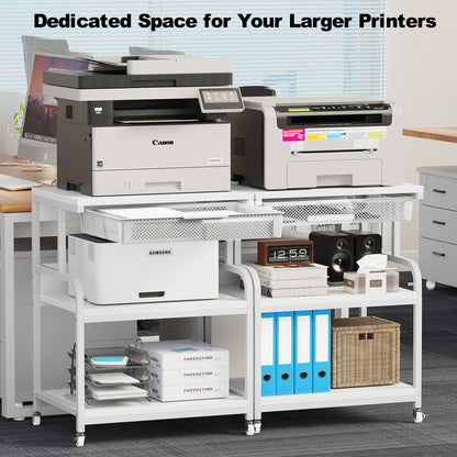 POAO Large 3-Tier Rolling Printer Stand with Storage Drawer,5 Adjustable Shelves Mobile Cart with Industrial Wheels for Home Office Desk,White