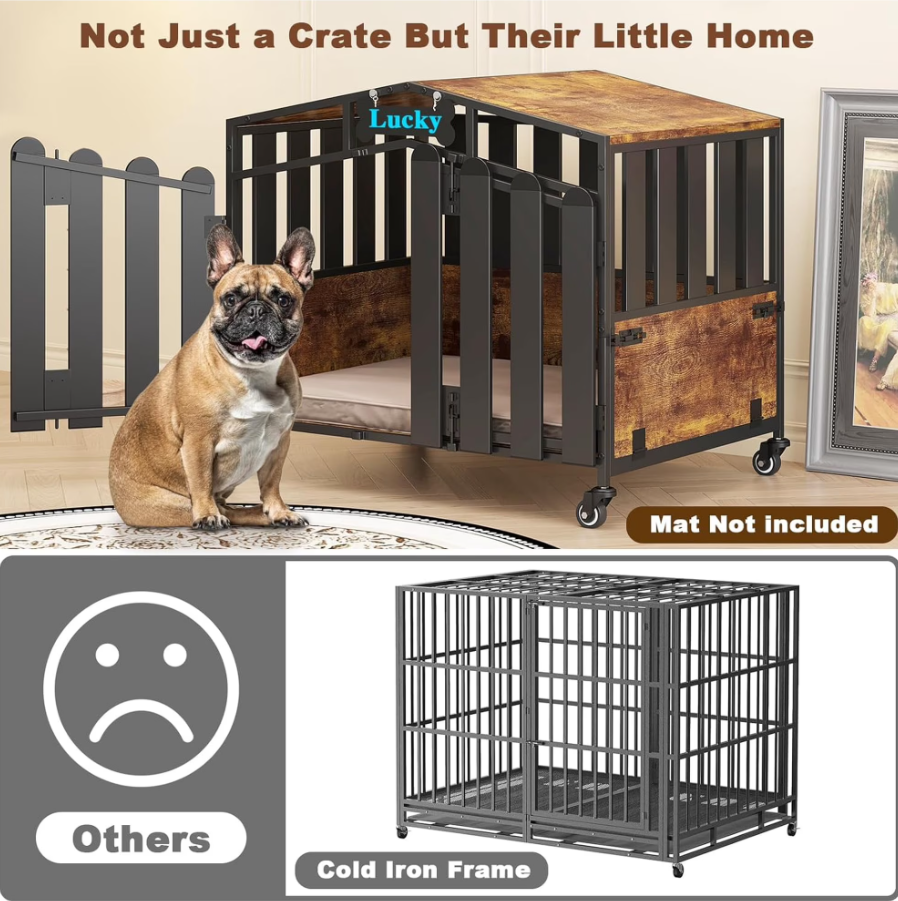 POAO 31"Heavy Duty Dog Crate Furniture with 360°Wheels,Dog Kennel Indoor for Small Dogs,Wooden Dog Cage with Feeding Window &Name Tag,Brown