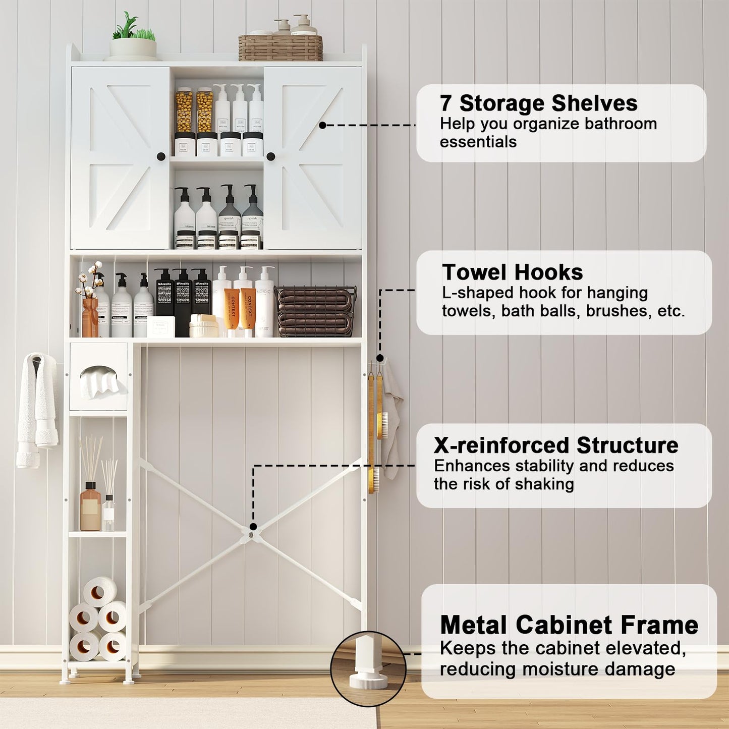 POAO 32"W Over the Toilet Storage Cabinet with Metal Frame and 7 Storage Shelves, Bathroom Organizer with Adjustable Shelves and Paper Holder, White
