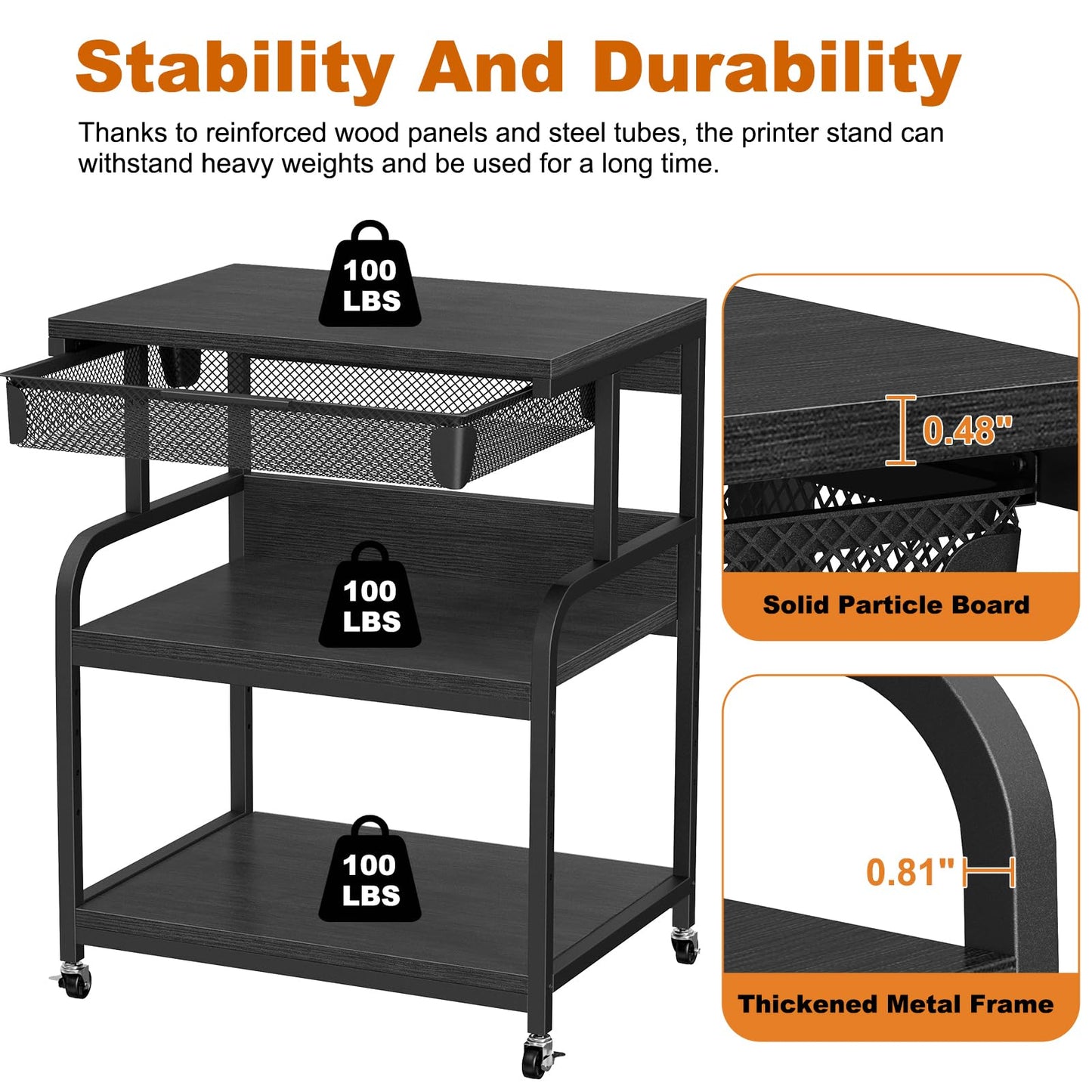 POAO Large Printer Stand with Drawer, 5-Adjustable Heights 3 Tier Table with Wheels, Rolling Printer Cart with Storage for Home Office