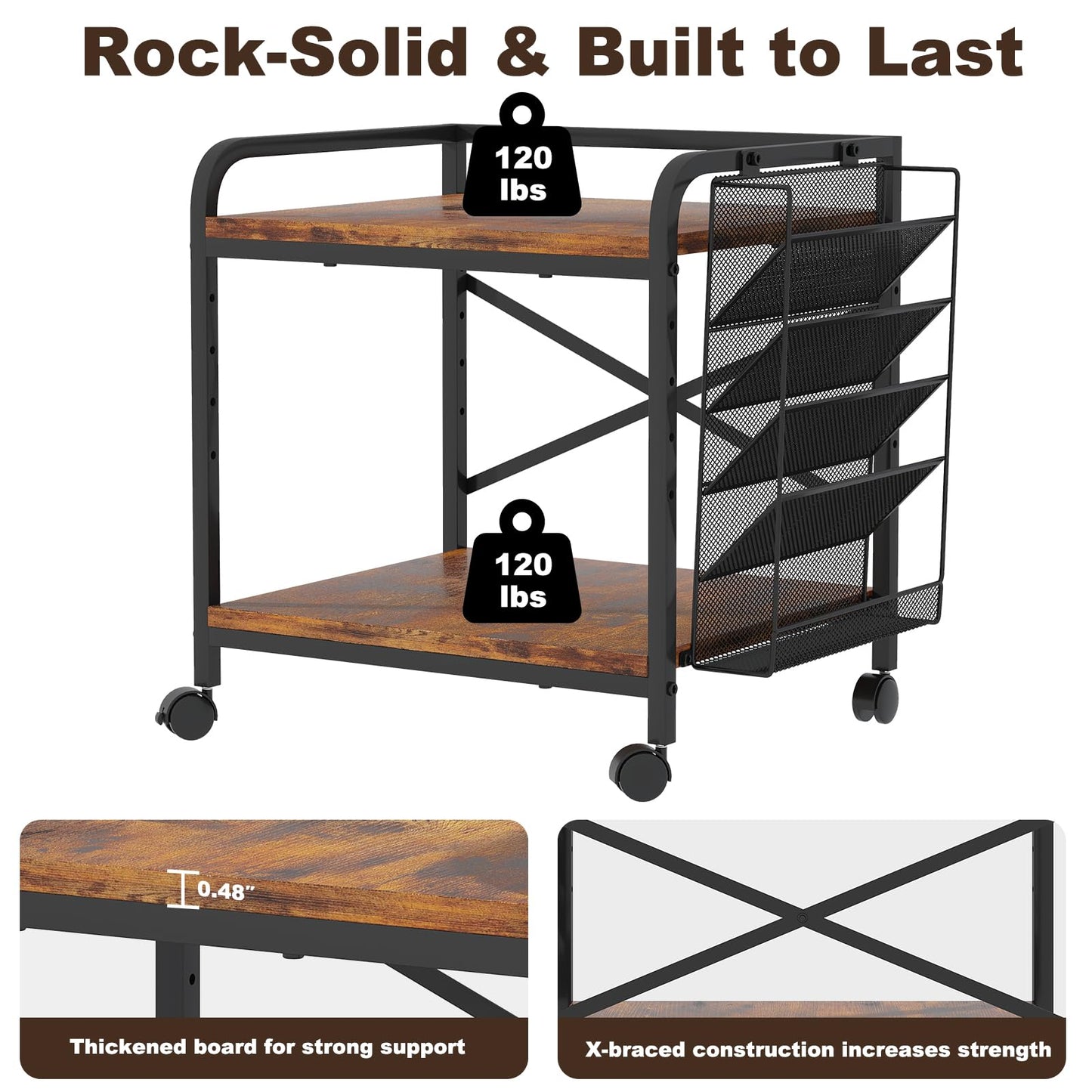 POAO Large Printer Stand with File Holder Organizer,Adjustable Height Shelf with Wheels,Rolling Printer Cart with Storage for Home Office,Rustic Brown