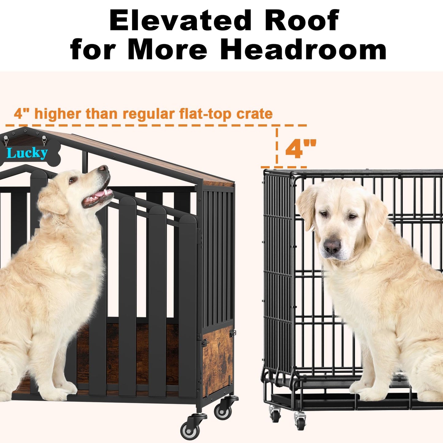 POAO 41"Heavy Duty Dog Crate Furniture for Medium Dogs(35-60lb), Dogs Kennel Indoor with 360° Wheels,Dog Cage with Feeding Window and Name Tag