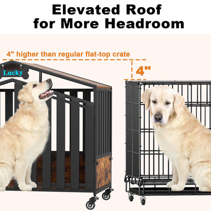 POAO 41"Heavy Duty Dog Crate Furniture for Medium Dogs(35-60lb), Dogs Kennel Indoor with 360° Wheels,Dog Cage with Feeding Window and Name Tag