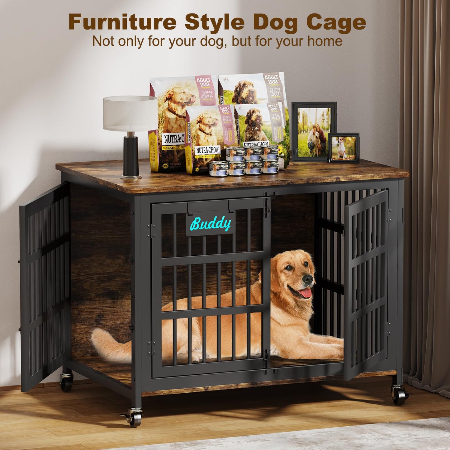 POAO 41"Heavy Duty Dog Crate Furniture with Name Tag,Chew Proof Prevent Escape for High Anxiety Dogs, Indoor Indestructible Dog Kennel ,Brown